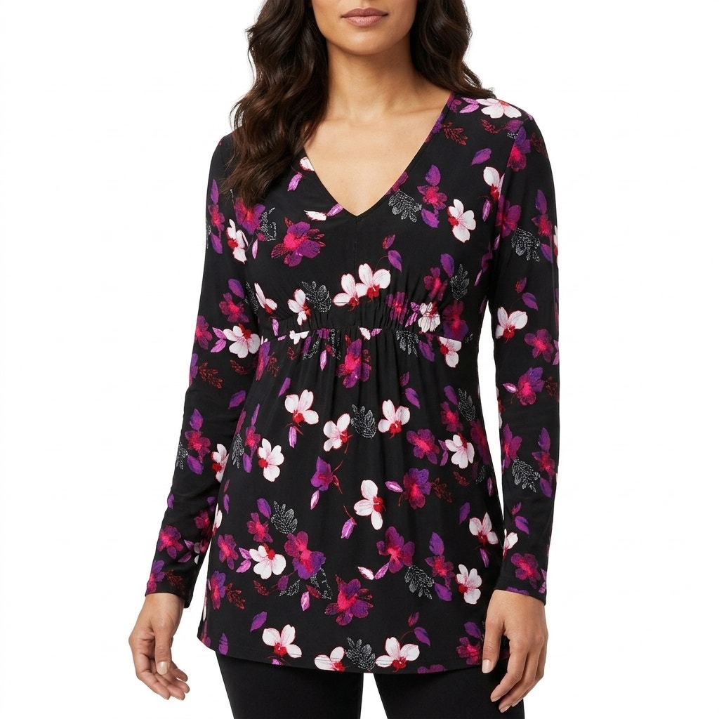 New York & Company Black Floral Knit Stretch Top Women Size S
